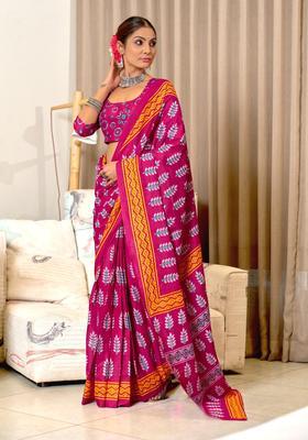 Pink Printed Cotton Saree Set
