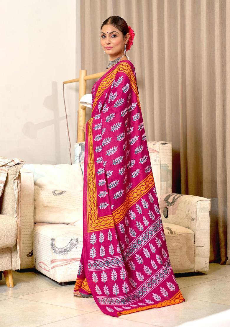 Pink Printed Cotton Saree Set - Indya
