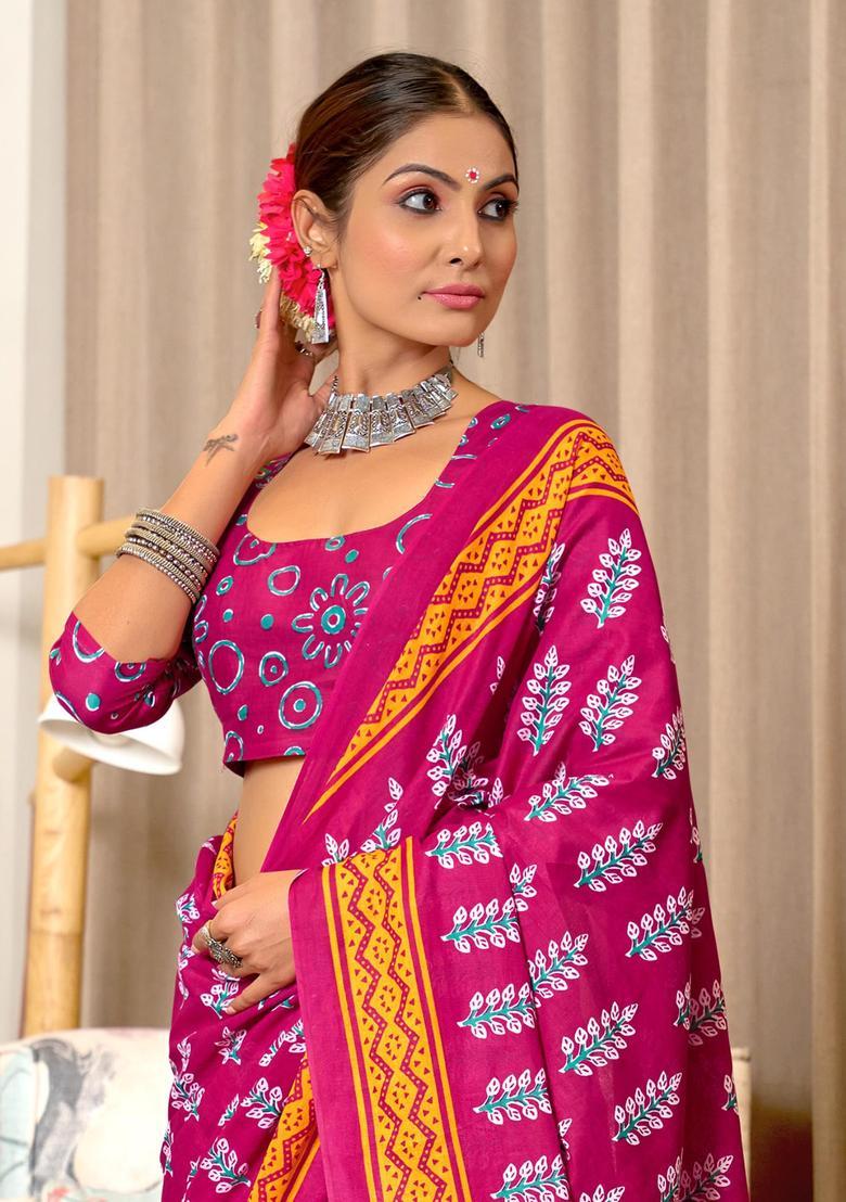 Pink Printed Cotton Saree Set - Indya