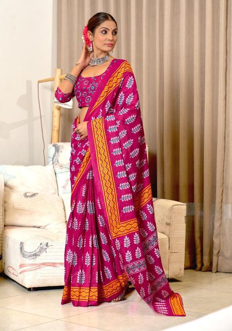 Pink Printed Cotton Saree Set