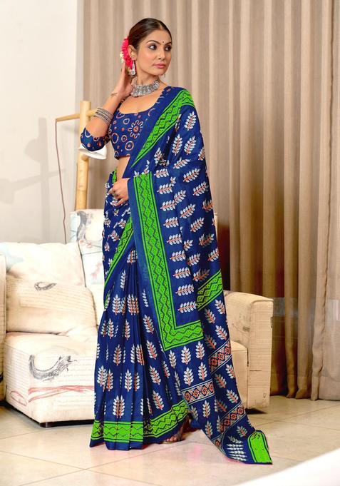 Blue Printed Cotton Saree Set