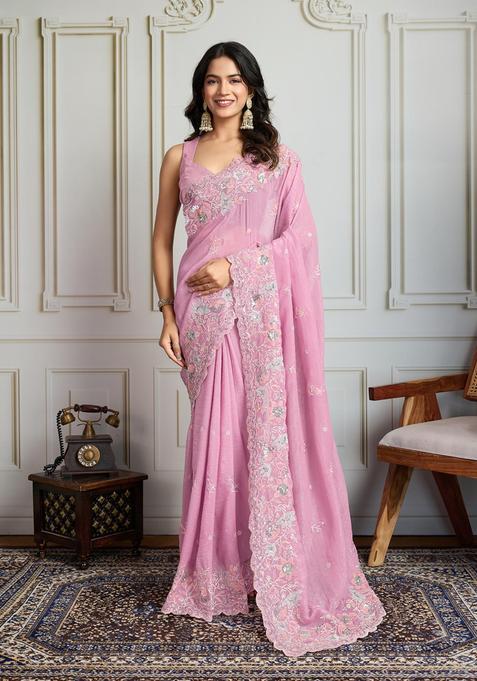 Pink Embroidered Blended Saree Set
