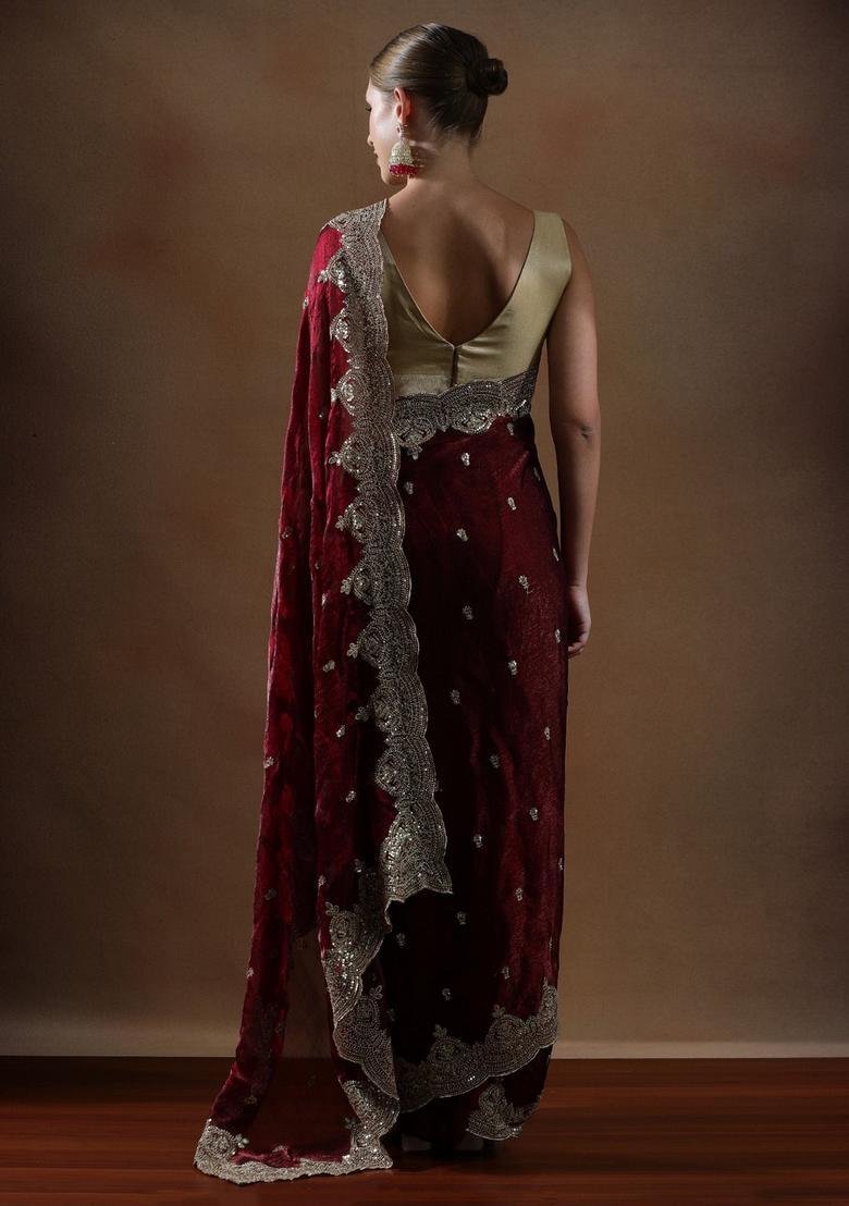 Maroon Embroidered Silk Blend Saree Set - Indya