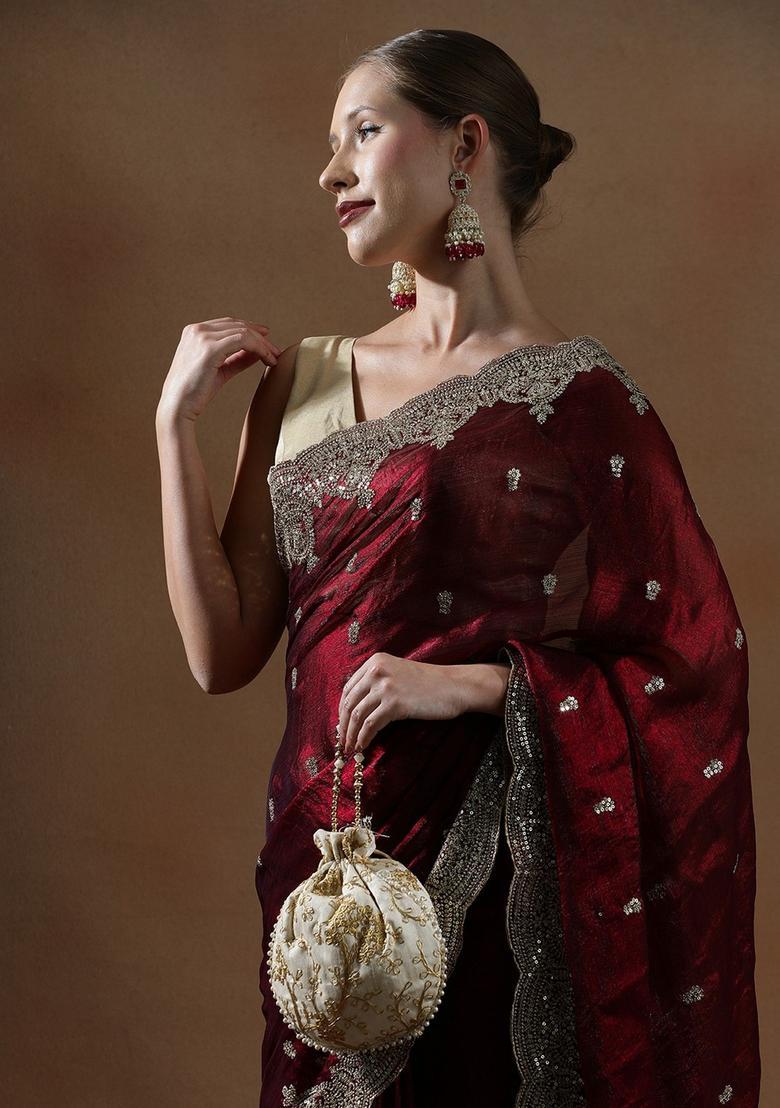Maroon Embroidered Silk Blend Saree Set - Indya