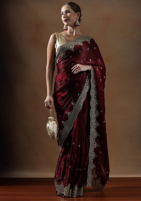Maroon Embroidered Silk Saree Set