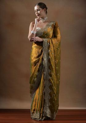 Yellow Embroidered Silk Blend Saree Set