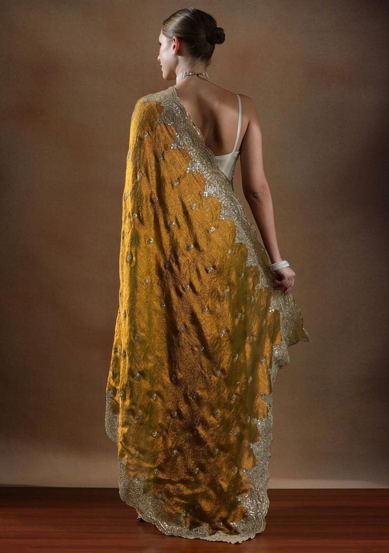 Yellow Embroidered Silk Blend Saree Set - Indya
