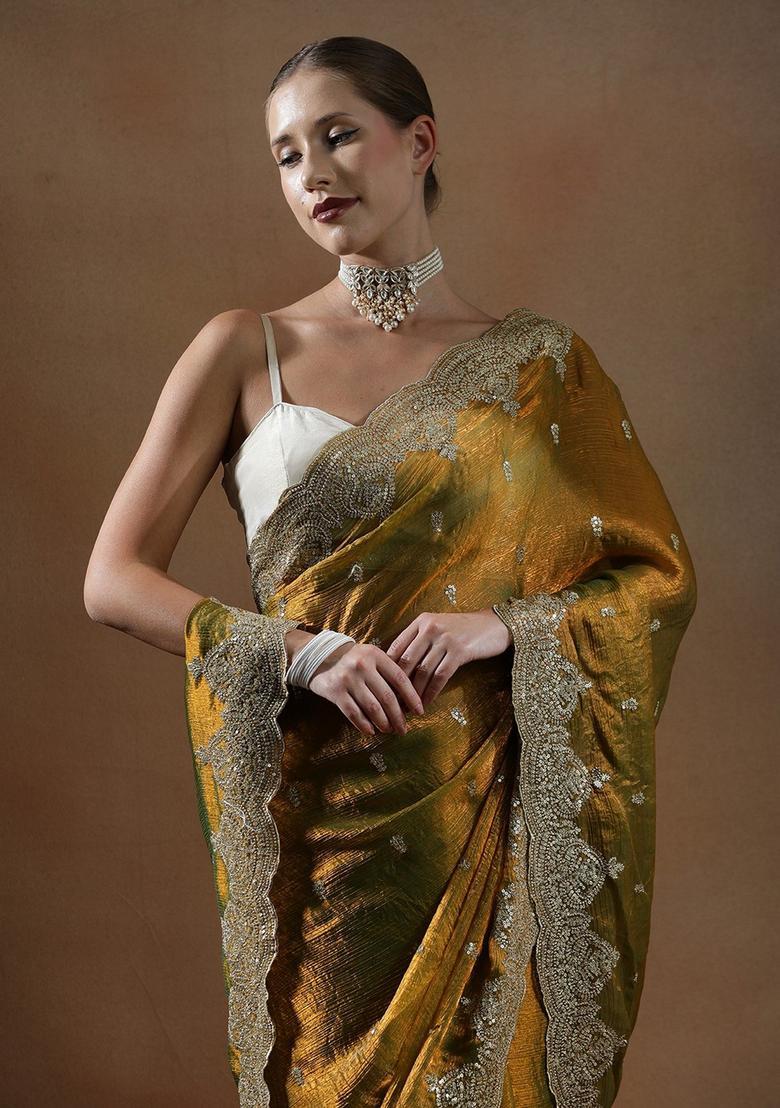Yellow Embroidered Silk Blend Saree Set - Indya