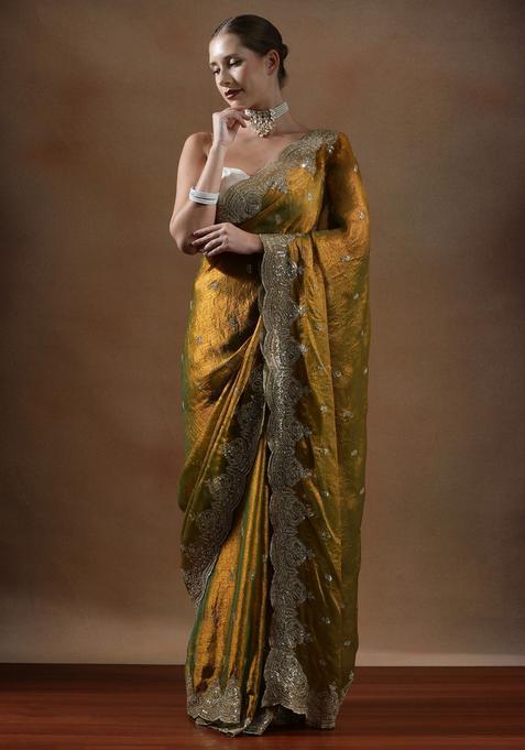 Yellow Embroidered Silk Blend Saree Set
