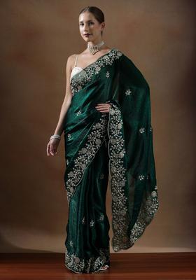 Green Embroidered Silk Blend Saree Set