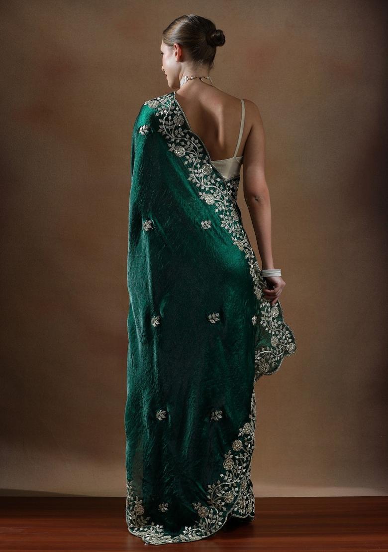 Green Embroidered Silk Blend Saree Set - Indya