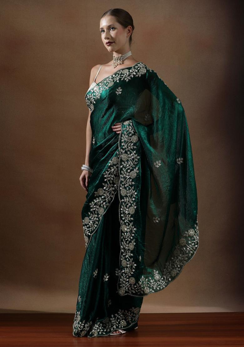 Green Embroidered Silk Blend Saree Set - Indya