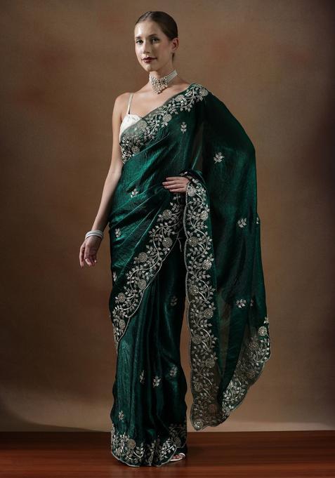 Green Embroidered Silk Blend Saree Set