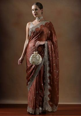 Rust Embroidered Silk Blend Saree Set