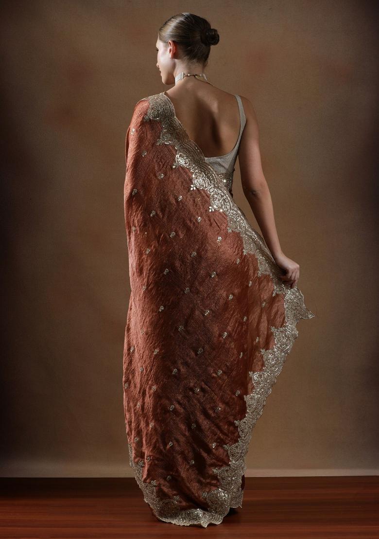 Rust Embroidered Silk Blend Saree Set - Indya