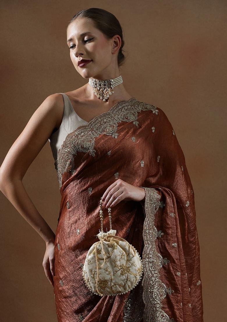 Rust Embroidered Silk Blend Saree Set - Indya