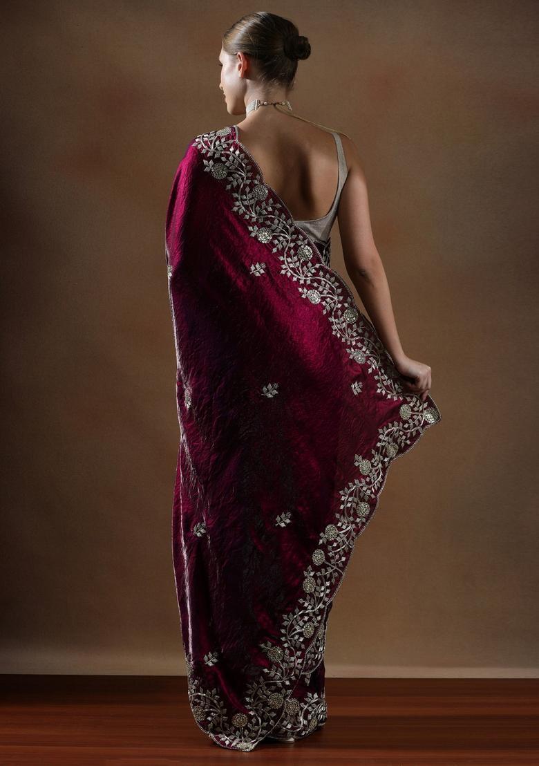 Maroon Embroidered Silk Blend Saree Set - Indya