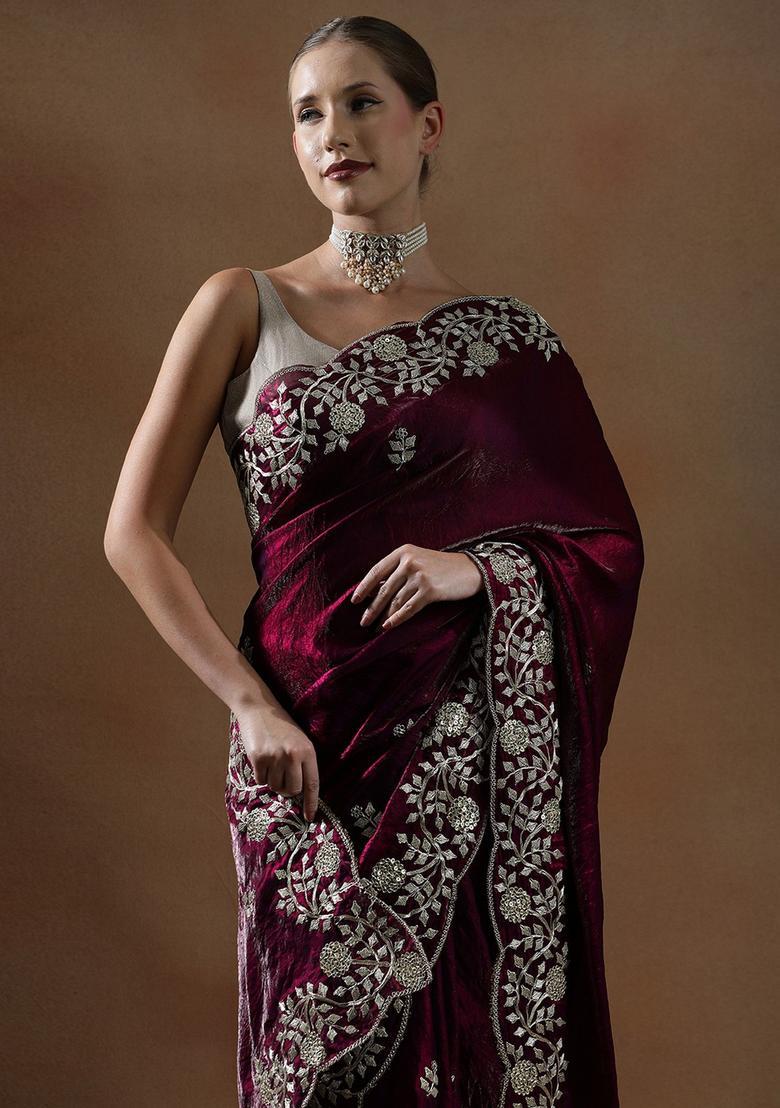 Maroon Embroidered Silk Blend Saree Set - Indya