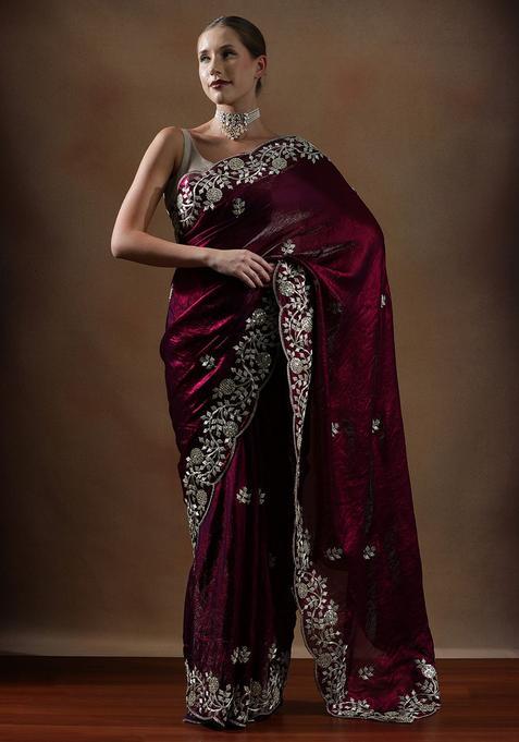 Maroon Embroidered Silk Blend Saree Set