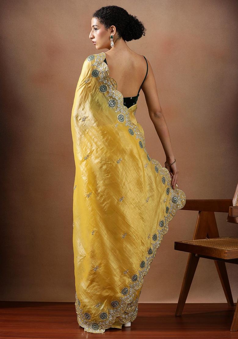 Yellow Embroidered Silk Blend Saree Set - Indya