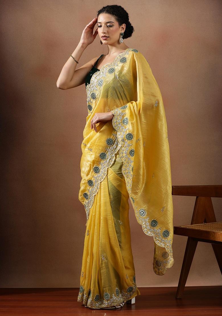 Yellow Embroidered Silk Blend Saree Set - Indya