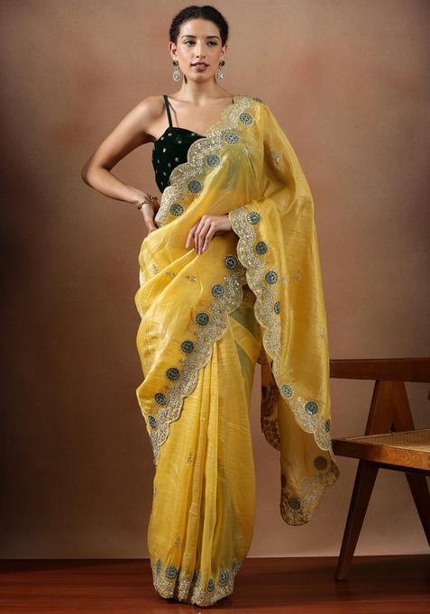 Yellow Embroidered Silk Blend Saree Set