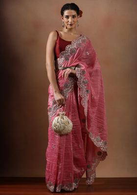 Peach Embroidered Silk Blend Saree Set