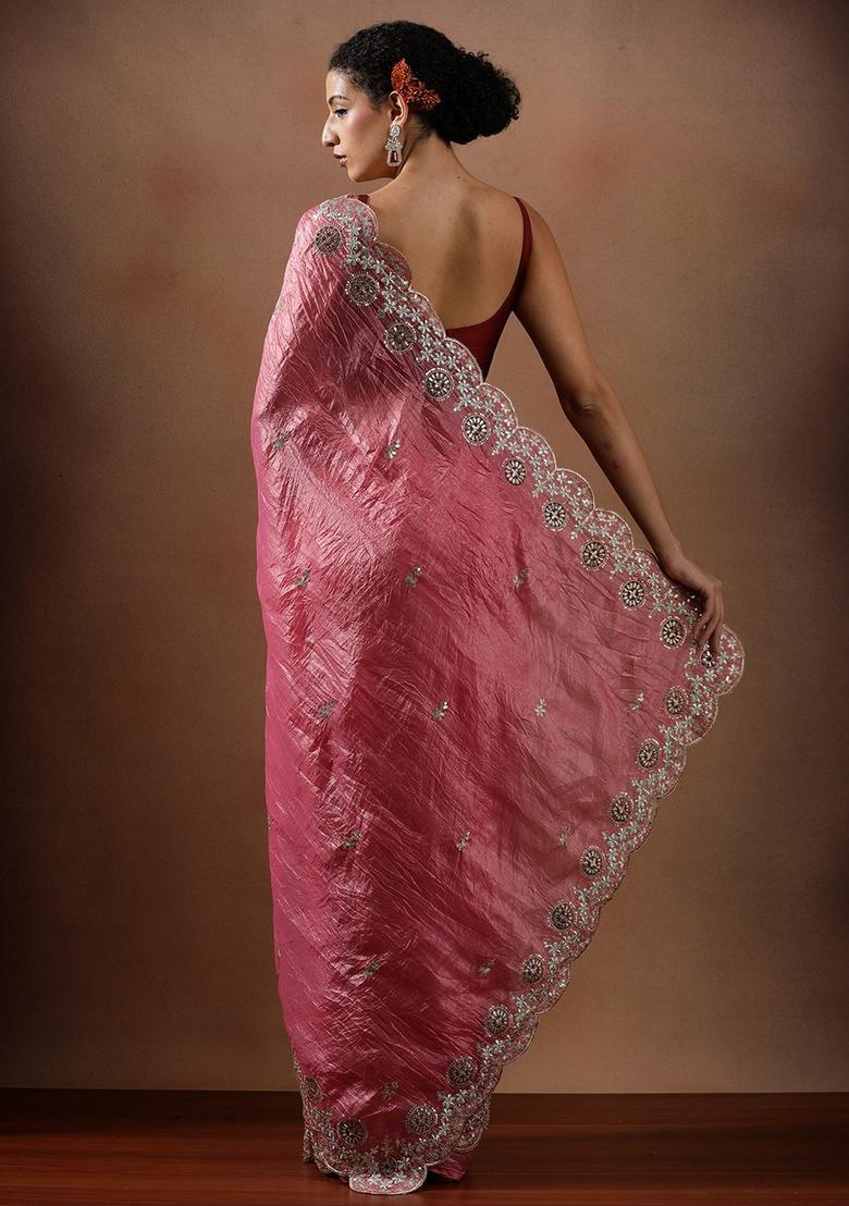 Peach Embroidered Silk Blend Saree Set - Indya