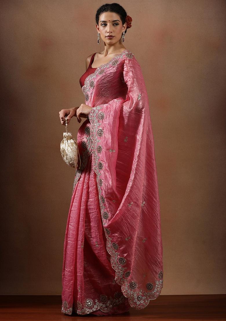 Peach Embroidered Silk Blend Saree Set - Indya