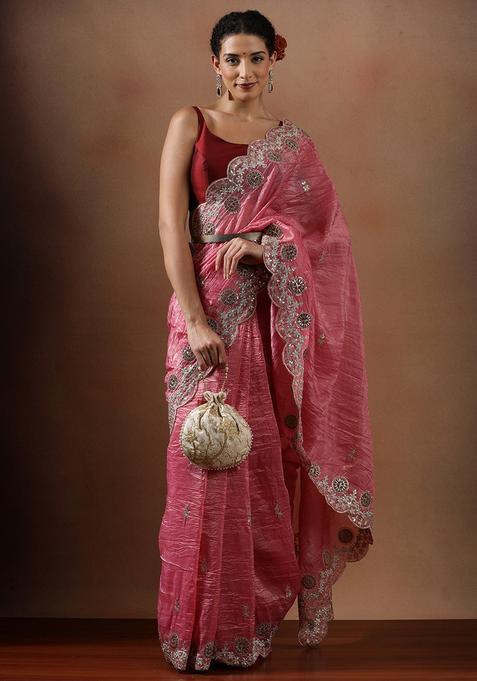 Peach Embroidered Silk Saree Set