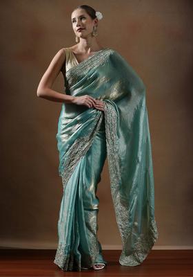 Turquoise Embroidered Silk Blend Saree Set