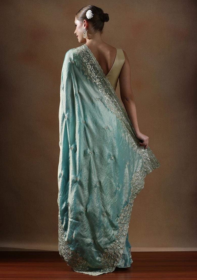Turquoise Embroidered Silk Blend Saree Set - Indya