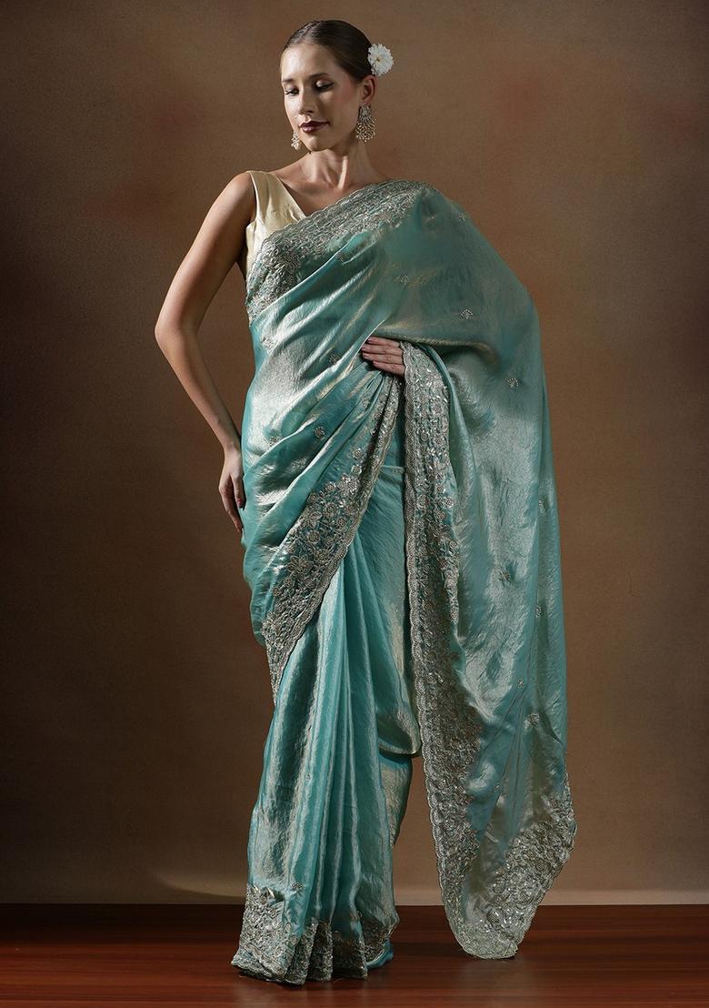 Turquoise Embroidered Silk Blend Saree Set - Indya