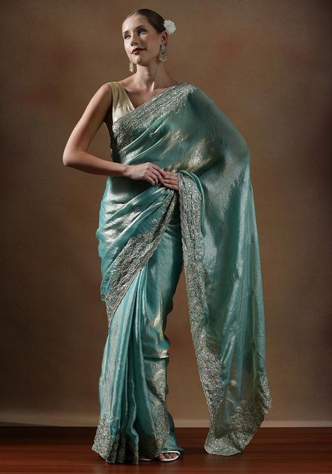 Turquoise Embroidered Silk Saree Set