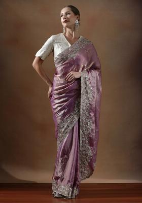 Lavender Embroidered Silk Blend Saree Set