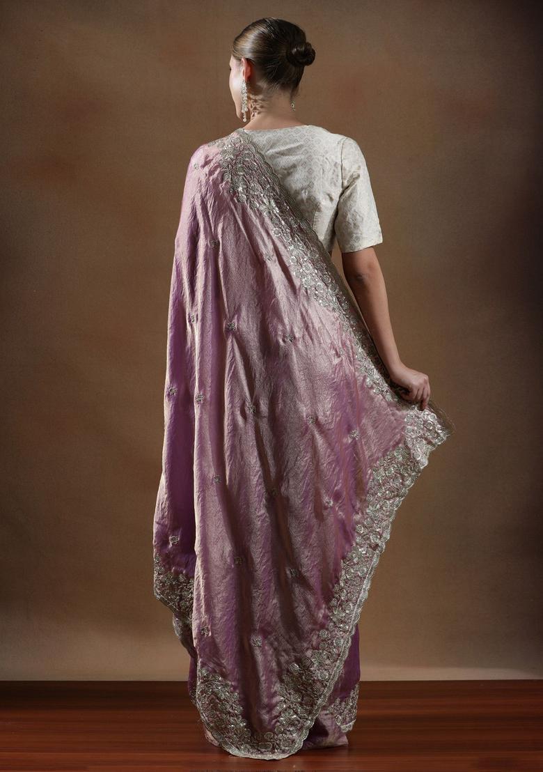 Lavender Embroidered Silk Blend Saree Set - Indya