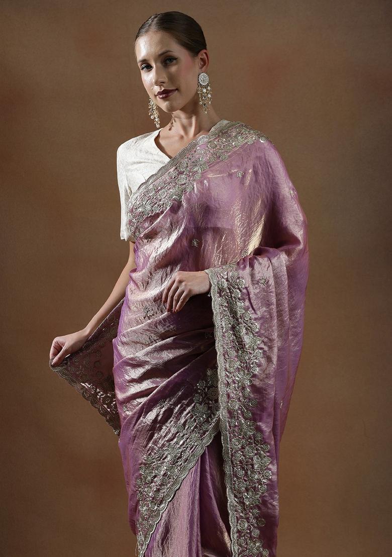 Lavender Embroidered Silk Blend Saree Set - Indya