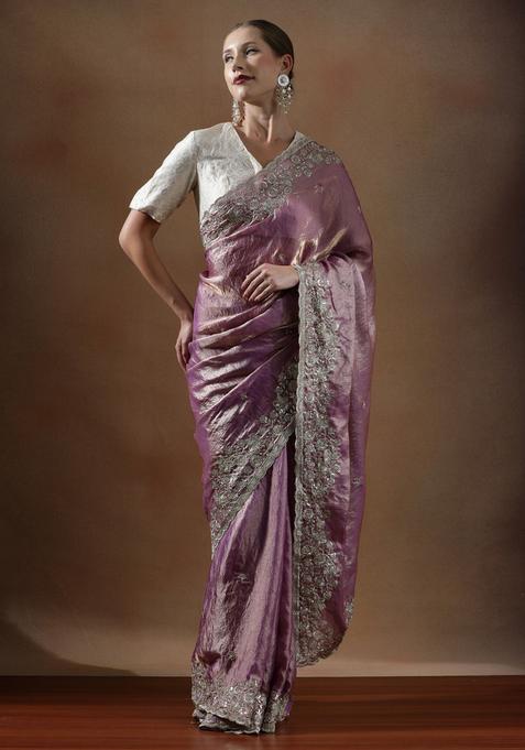 Lavender Embroidered Silk Saree Set