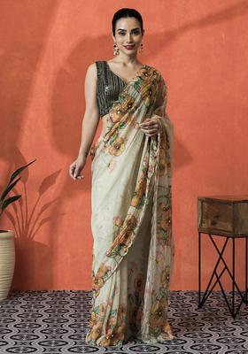 Beige Floral Print Organza Saree Set