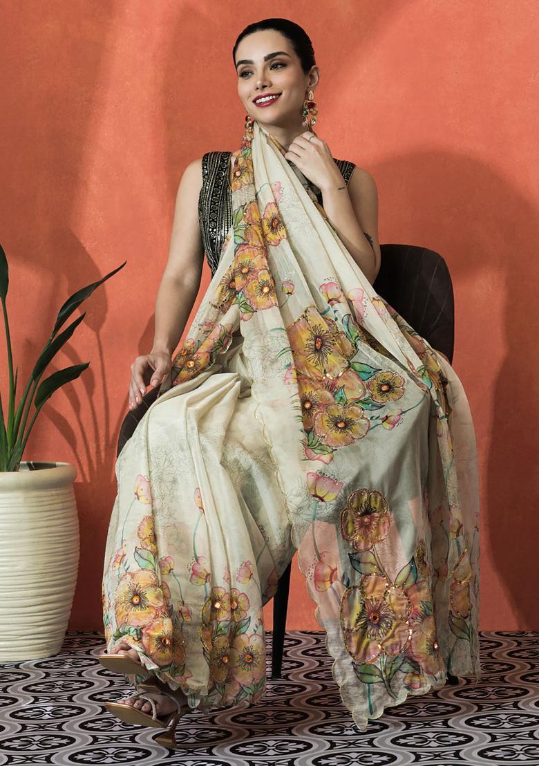 Beige Floral Print Organza Saree Set - Indya