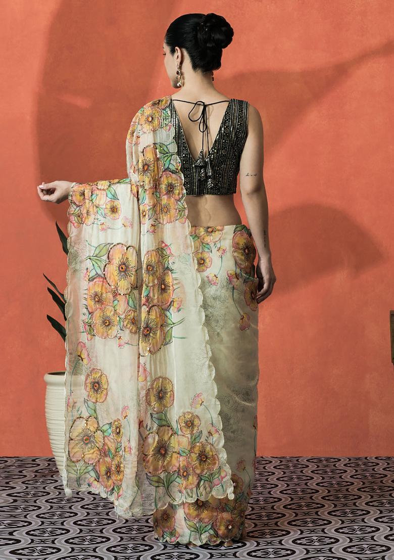 Beige Floral Print Organza Saree Set - Indya