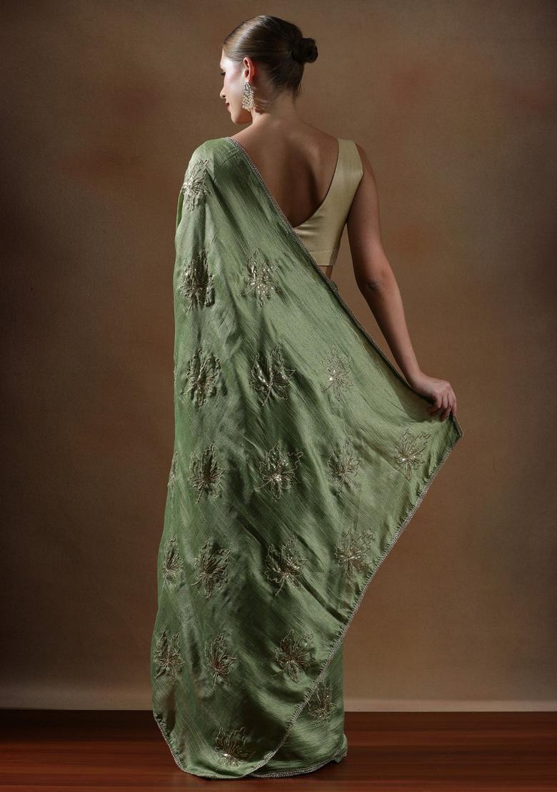 Green Embroidered Silk Blend Saree Set - Indya