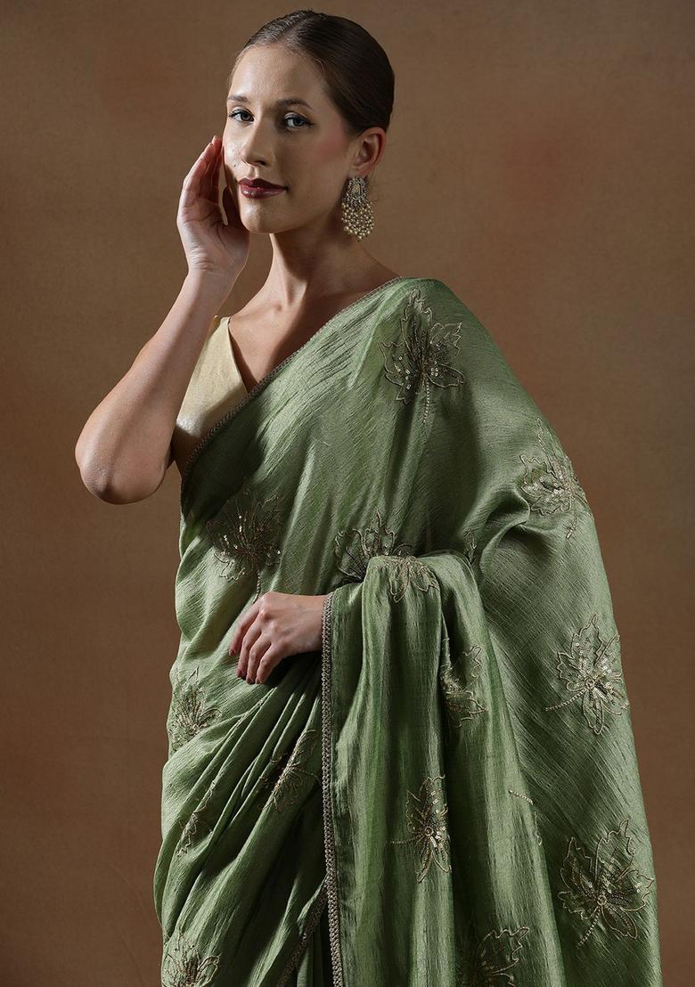 Green Embroidered Silk Blend Saree Set - Indya