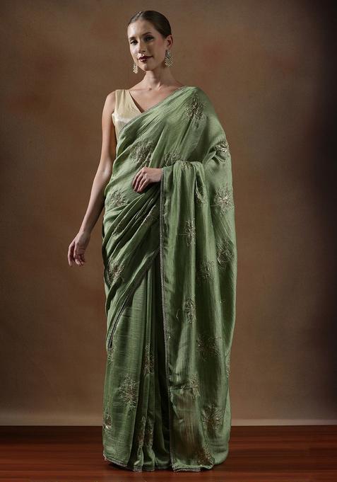 Green Embroidered Silk Saree Set