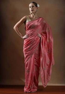 Peach Embroidered Silk Blend Saree Set