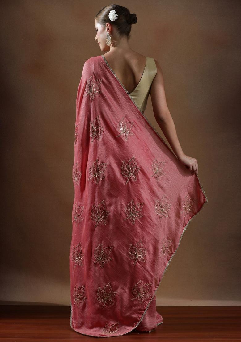 Peach Embroidered Silk Blend Saree Set - Indya