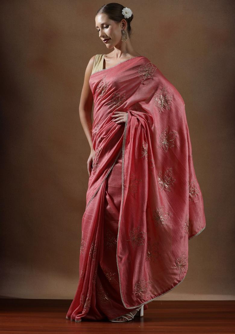 Peach Embroidered Silk Blend Saree Set - Indya
