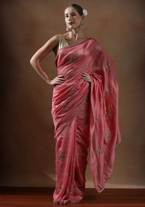 Peach Embroidered Silk Blend Saree Set