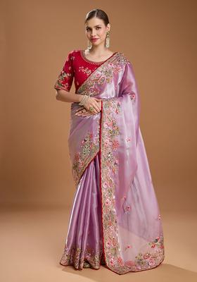 Purple Embroidered Tissue Saree Set