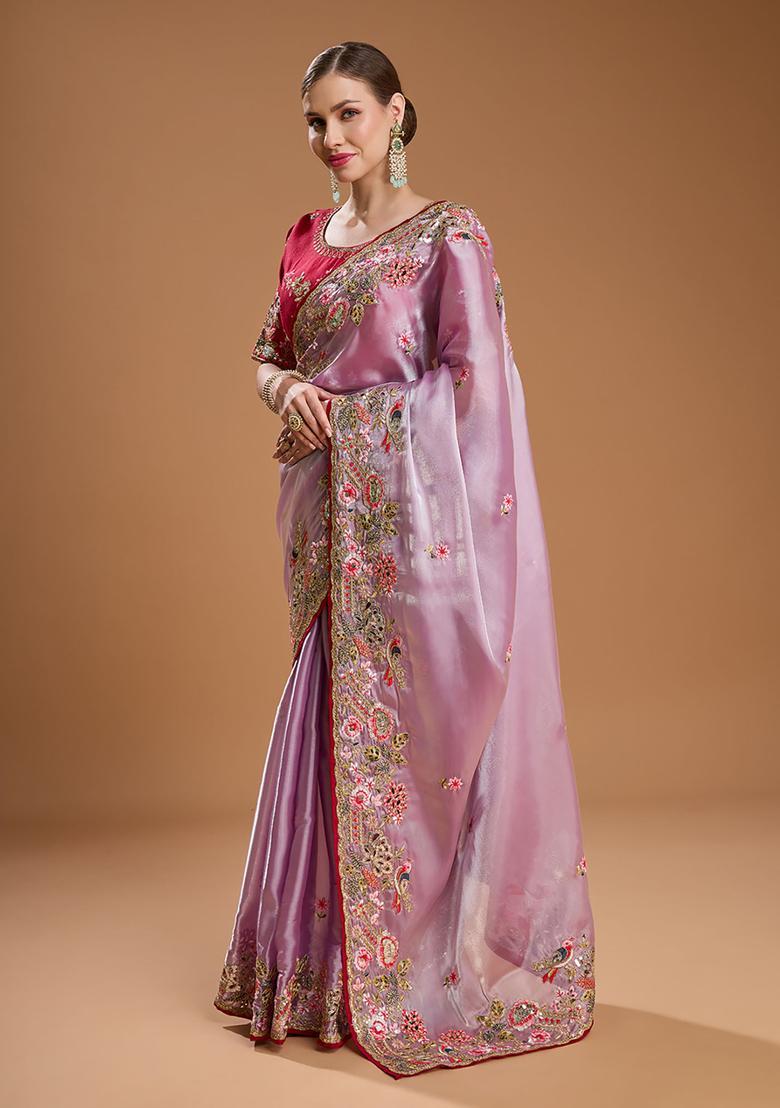 Purple Embroidered Tissue Saree Set - Indya